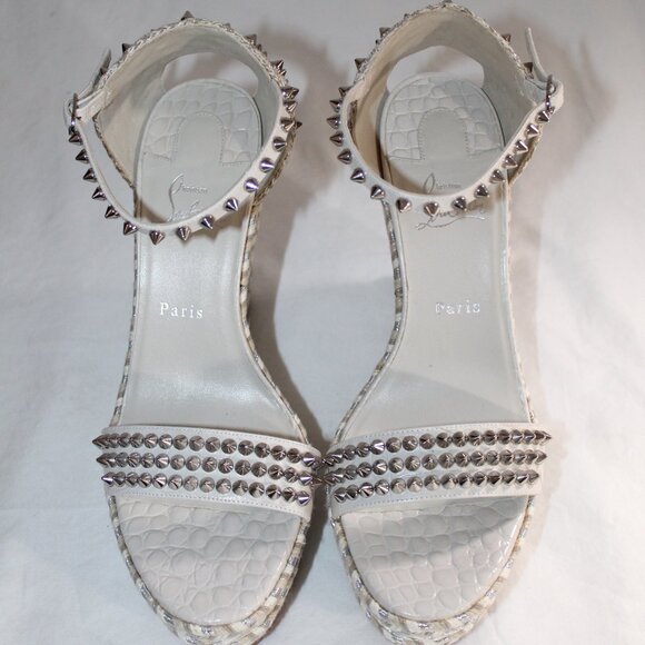 NWOB Christian Louboutin Pyraclou Spiked Wedge Ankle Strap Sandals 42 White Gray - Picture 2 of 8